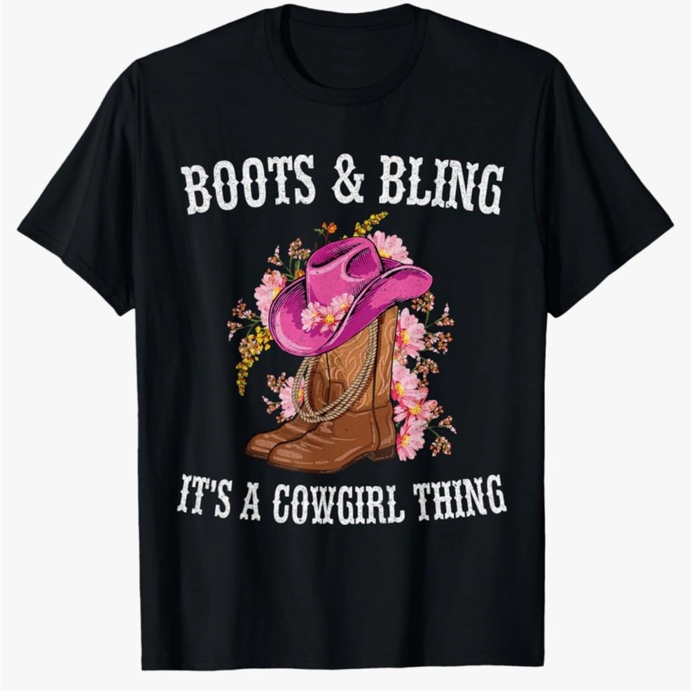 'Boots & Bling It's a Cowgirl Thing Black Graphic Tee Sz L- NEW